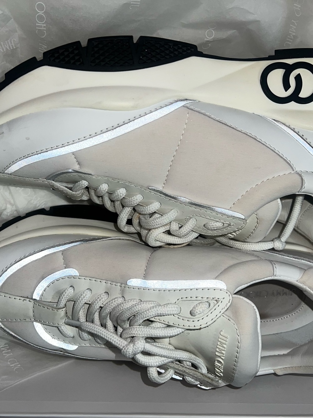 Jimmy Choo Raine Low Top Lace-Up Sneakers White/Black Logo Rubber Sole Pre-Owned